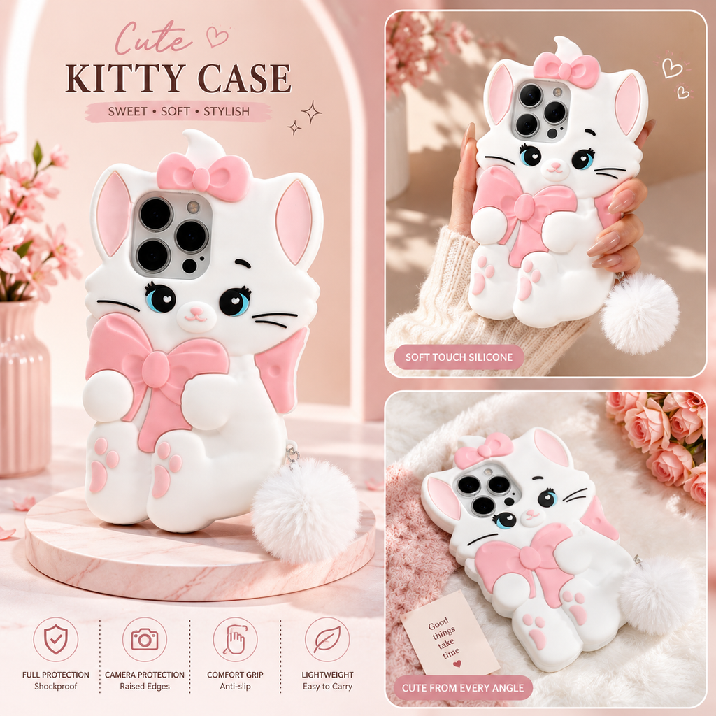 3D Marie Cat Phone Case with Pink Bow & Fluffy Pom Pom
