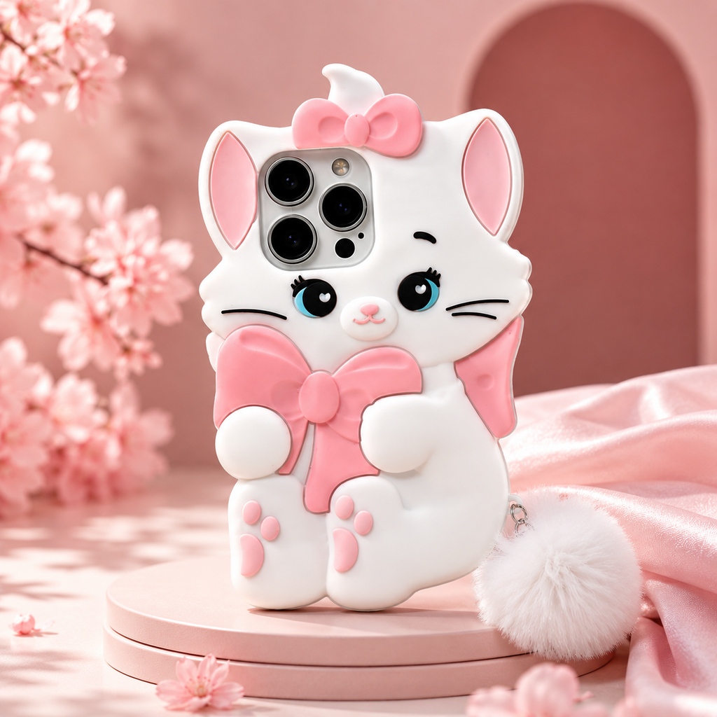 3D Marie Cat Phone Case with Pink Bow & Fluffy Pom Pom