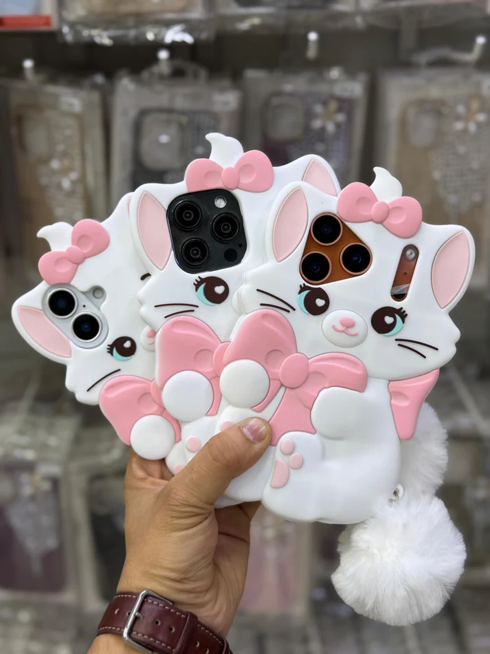 3D Marie Cat Phone Case with Pink Bow & Fluffy Pom Pom