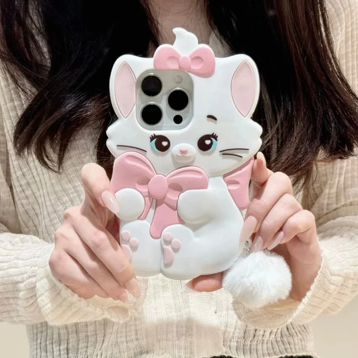 3D Marie Cat Phone Case with Pink Bow & Fluffy Pom Pom