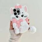 3D Marie Cat Phone Case with Pink Bow & Fluffy Pom Pom