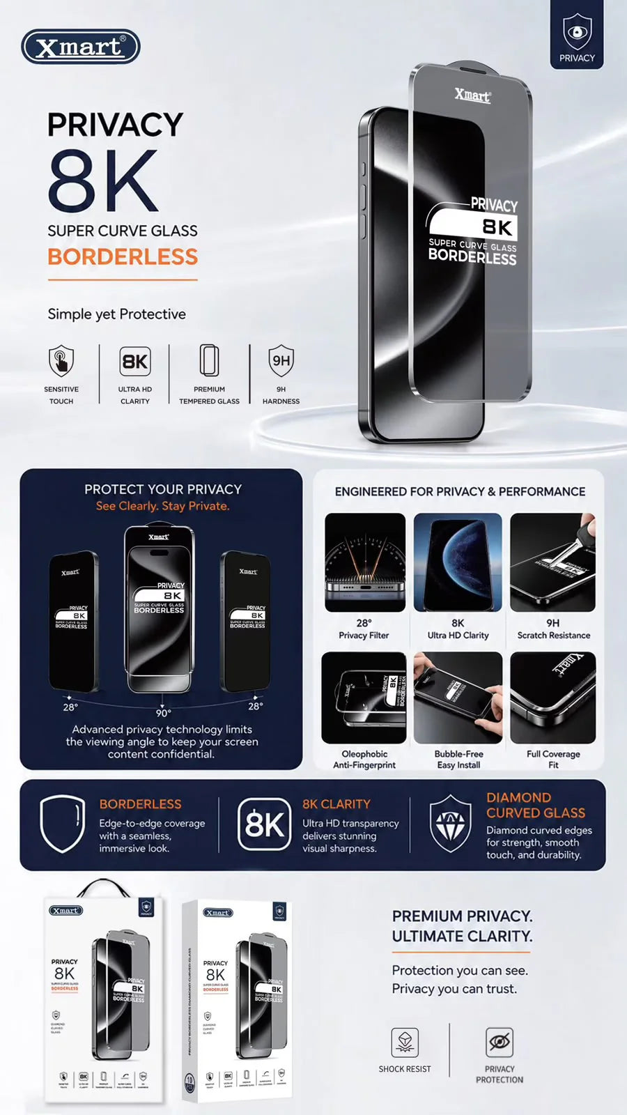 Xmart 8K Borderless Curved Glass ( HD Clear And Privacy )
